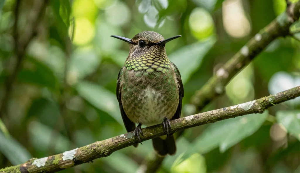 Close up of a Scaly-breasted Hummingbird perched on a branch in a rainforest, showing the scaly breast pattern.
