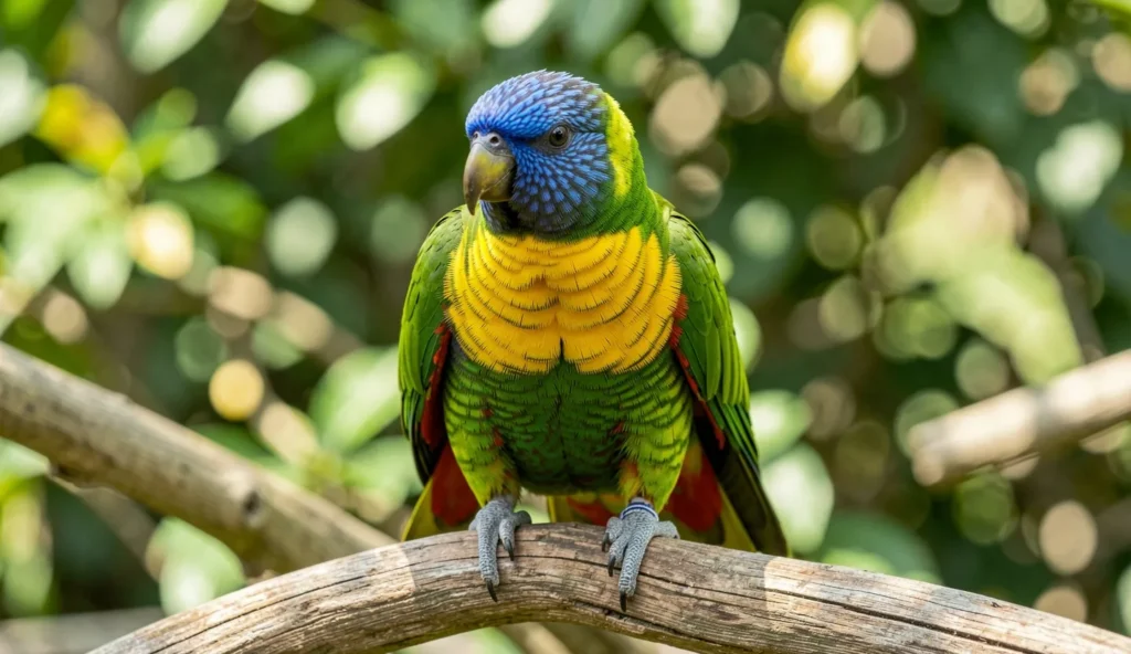 A Scaly Breasted Lorikeet with green body, yellow scalloped chest, and blue head perching on a branch in a garden setting.