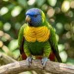 A Scaly Breasted Lorikeet with green body, yellow scalloped chest, and blue head perching on a branch in a garden setting.