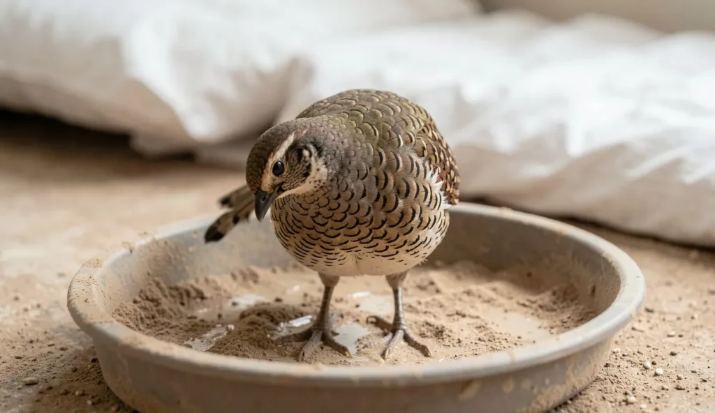 A Scaly Francolin standing in a shallow dust bath pan with dry sand, showing its scaled feather pattern.