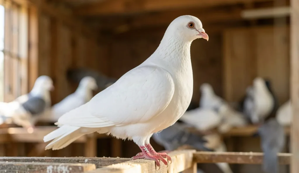 Side profile of a white Scandaroon pigeon with a distinctive elongated head and large cere, perched on a wooden railing in a pigeon loft.