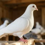 Side profile of a white Scandaroon pigeon with a distinctive elongated head and large cere, perched on a wooden railing in a pigeon loft.
