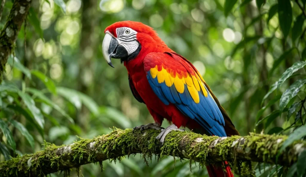 A Scarlet Macaw with red plumage, blue and yellow wings, and a white face sits on a branch in a rainforest setting.