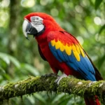 A Scarlet Macaw with red plumage, blue and yellow wings, and a white face sits on a branch in a rainforest setting.