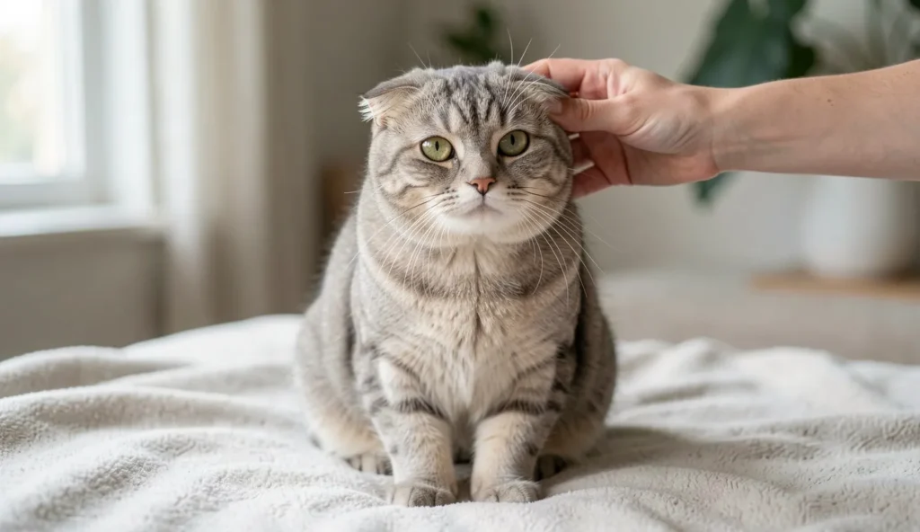 A Scottish Fold cat calmly posed while an ear health check is performed indoors in natural light