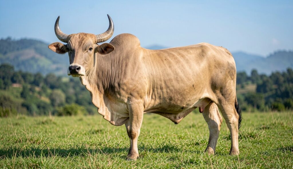 Selembu bull grazing on green pasture with mountainous landscape in the background