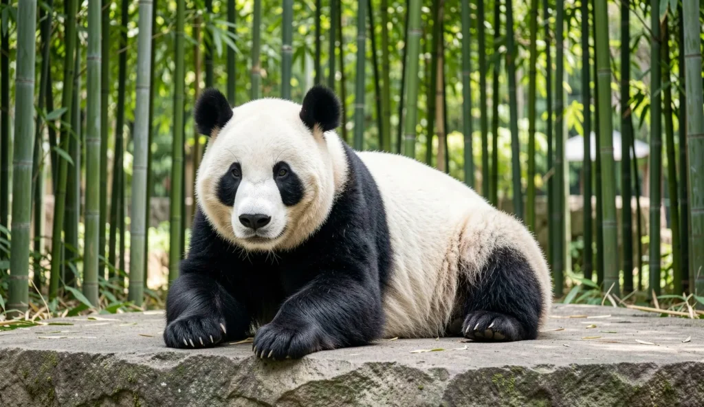 Shan Shan the female giant panda resting among bamboo at Ueno Zoo