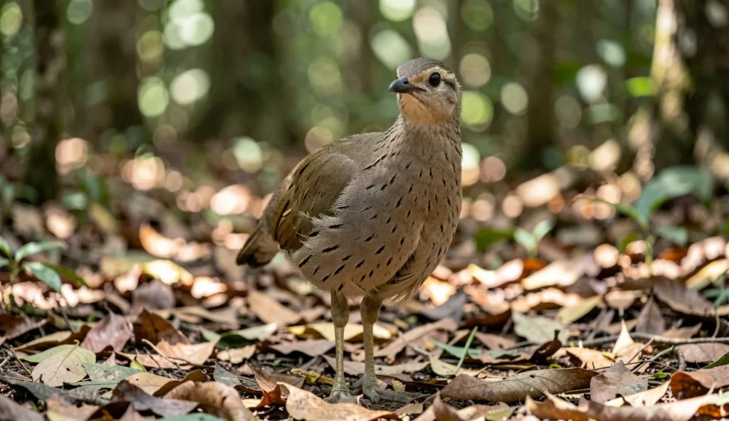 A Shelley francolin standing on a forest floor among leaf litter in a natural woodland setting.