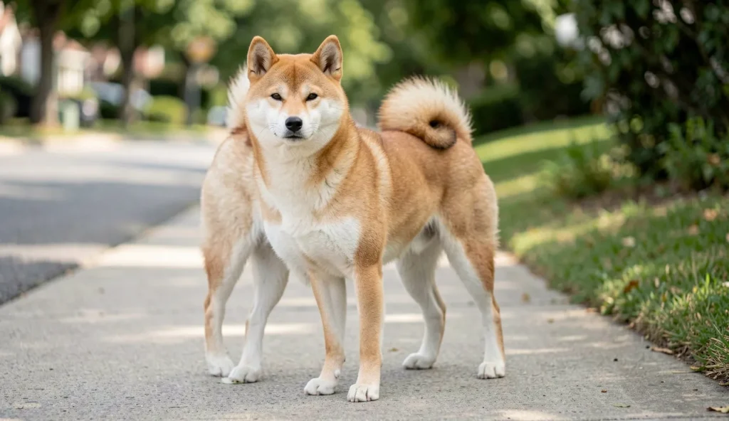 A Shiba Inu standing alert on a sidewalk with its upright ears and curled tail in natural daylight.