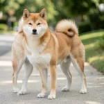 Shiba Inu – Temperament, Appearance, Shedding And Complete Care Guide A Shiba Inu standing alert on a sidewalk with its upright ears and curled tail in natural daylight.