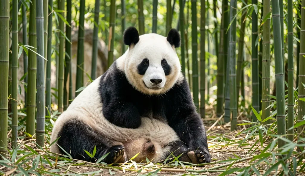 Shin Shin panda resting in a bamboo enclosure at Ueno Zoo, Tokyo, Japan