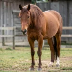 A Shire horse standing calmly in a farm yard, showing its tall height and heavy draft build.