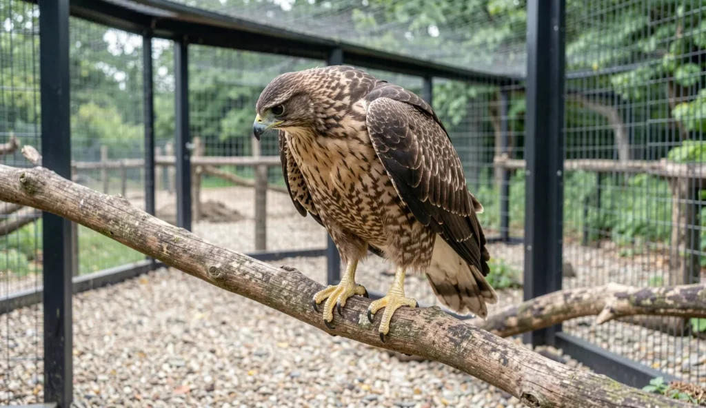 A Short Toed Snake Eagle perched in an outdoor aviary with its head lowered and talons gripping a branch.