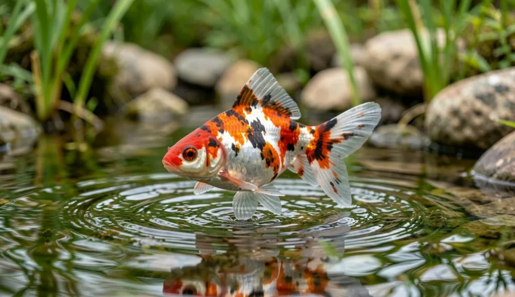 A shubunkin goldfish with red, white, and dark calico patches swimming in a sunny outdoor pond near the surface.