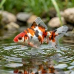 A shubunkin goldfish with red, white, and dark calico patches swimming in a sunny outdoor pond near the surface.