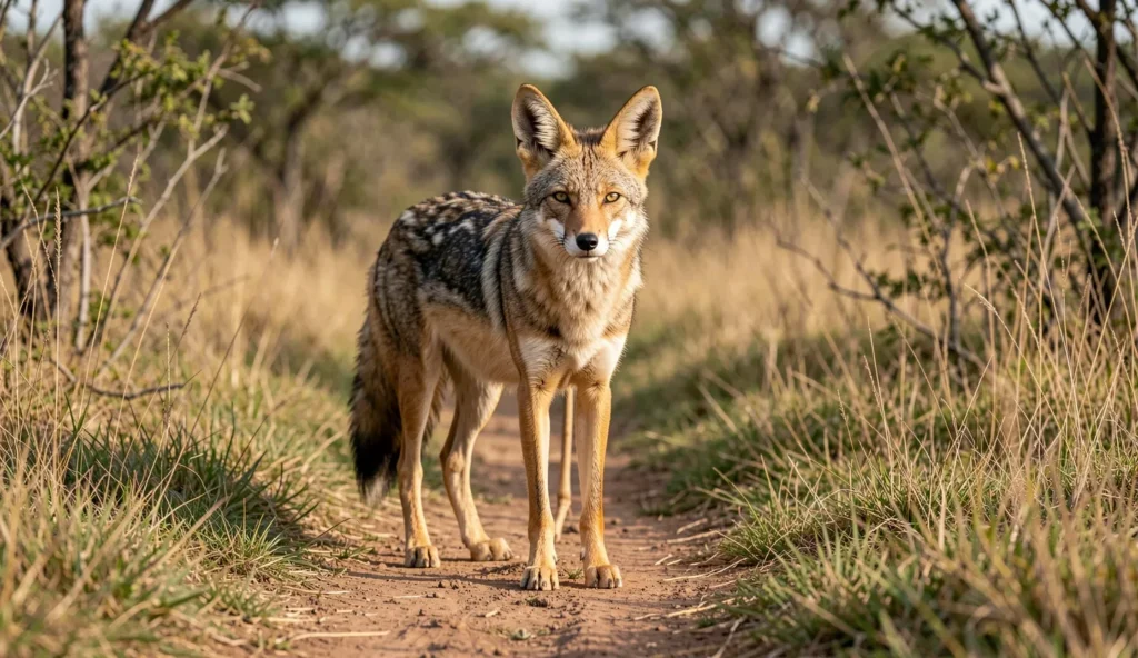 A side-striped jackal standing on a dirt path in a savanna woodland with shrubs and dry grass in the background.