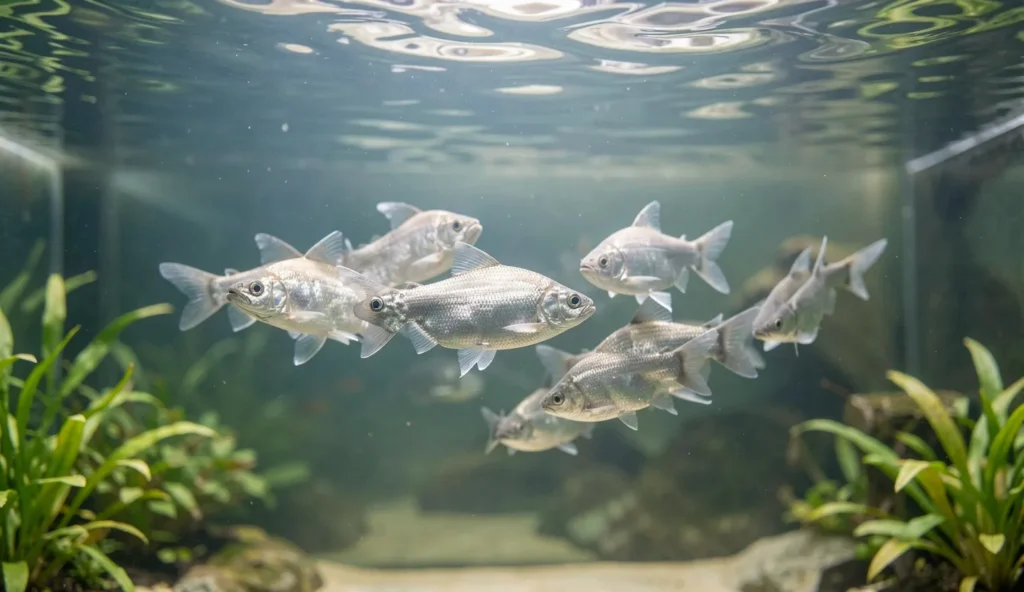 A large school of silver dollar fish swimming together in an aquarium with open midwater space and plants at the sides.