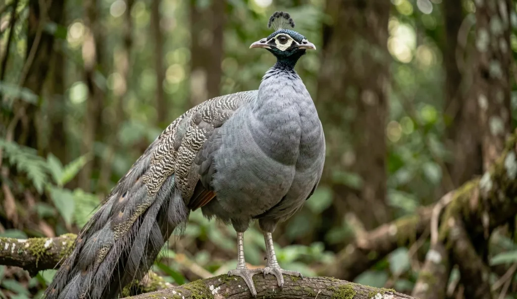 Close up of a Silver Peafowl with silver grey iridescence on a perch in a forest setting