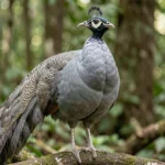 Silver Peafowl – Metallic Grey Variety & Complete Breed Guide Close up of a Silver Peafowl with silver grey iridescence on a perch in a forest setting