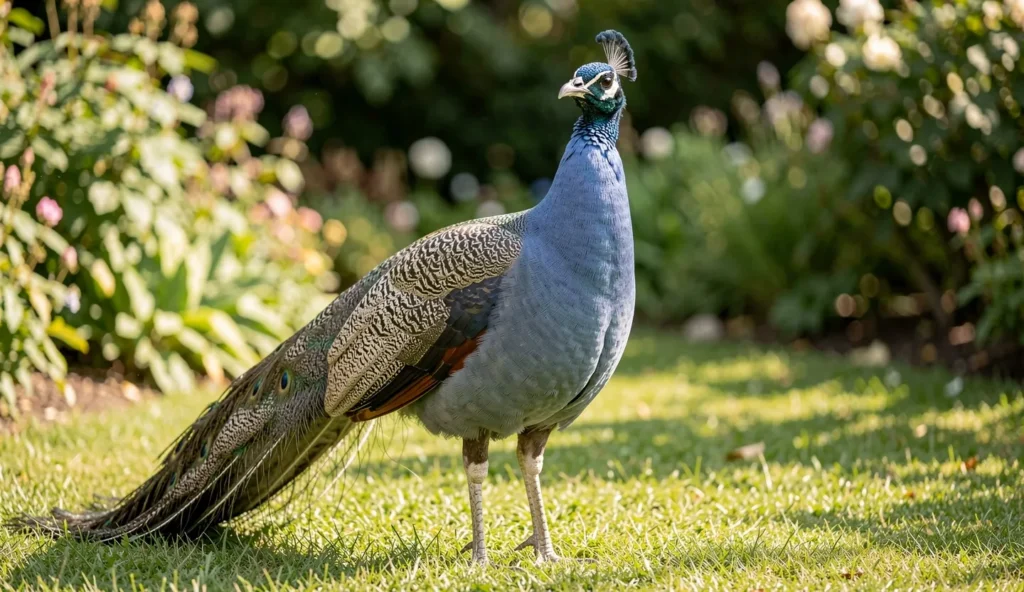 Slate Peafowl with deep blue grey plumage in a garden setting.
