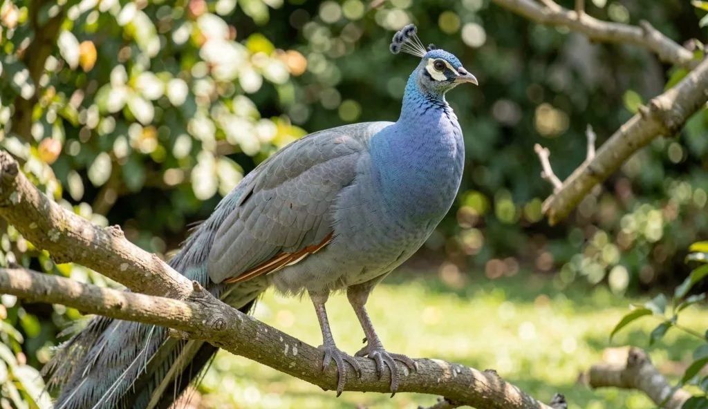 Close up of a smoke peafowl with muted blue grey plumage on a branch in a garden