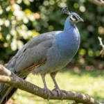 Smoke Peafowl – Greyish Blue Mystery & Complete Breed Guide Close up of a smoke peafowl with muted blue grey plumage on a branch in a garden