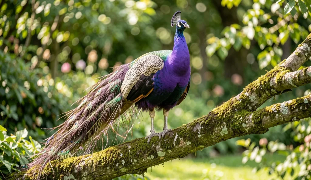 Close-up of a mature male peafowl with intense violet plumage in a sunlit garden setting.