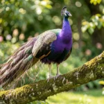 Sonjas Violeta Peafowl – Rare Violet Mutation & Complete Breed Guide Close-up of a mature male peafowl with intense violet plumage in a sunlit garden setting.