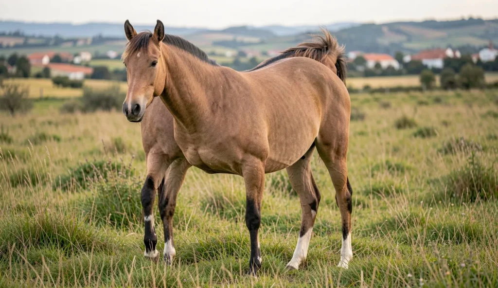 A dun Sorraia horse with a visible dorsal stripe and leg barring stands in a grassy pasture in the Portuguese countryside.