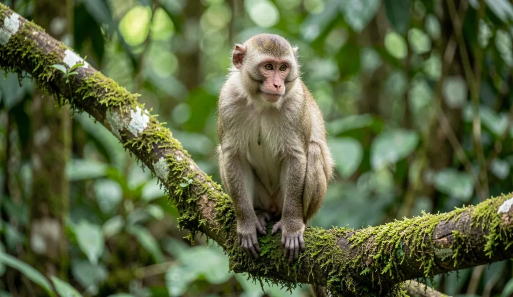 Adult Southern Pig-Tailed Macaque sitting on a tree branch in a lush rainforest