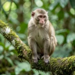 Adult Southern Pig-Tailed Macaque sitting on a tree branch in a lush rainforest
