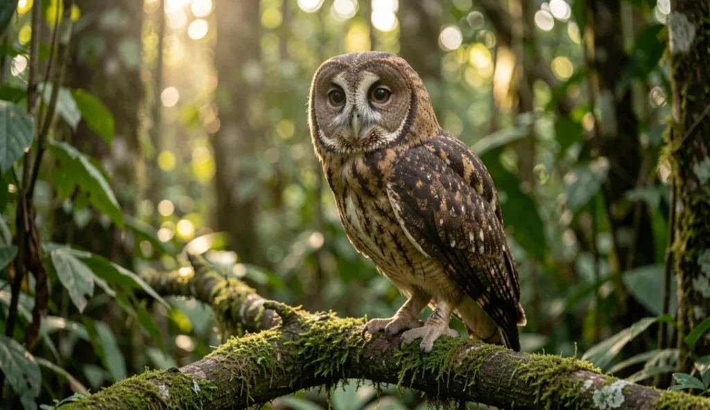 Spectacled Owl perched on a branch in a rainforest showing its distinctive facial pattern