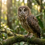 Spectacled Owl perched on a branch in a rainforest showing its distinctive facial pattern