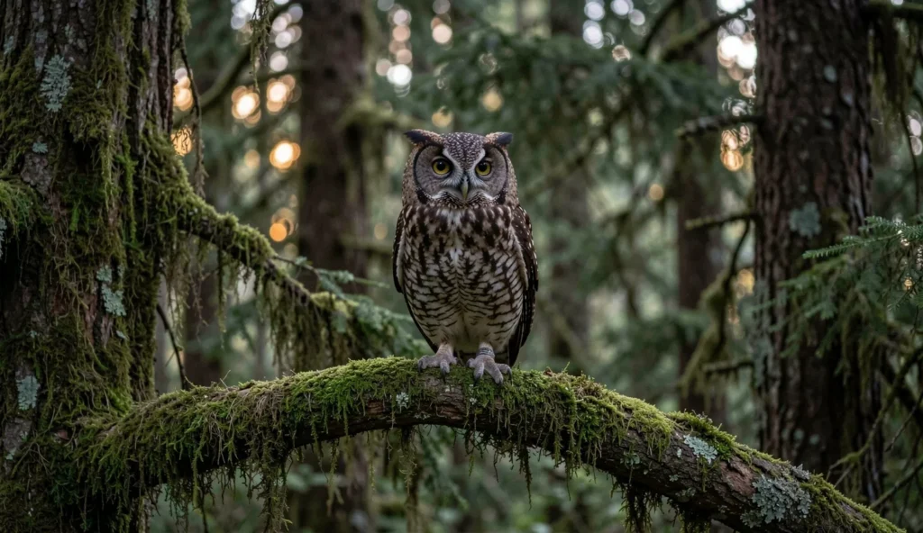 Spotted owl perched on a branch in an old growth forest