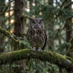 Spotted owl perched on a branch in an old growth forest