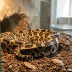 A spotted python resting inside a secure hide in a heated terrarium with a water bowl and natural substrate.