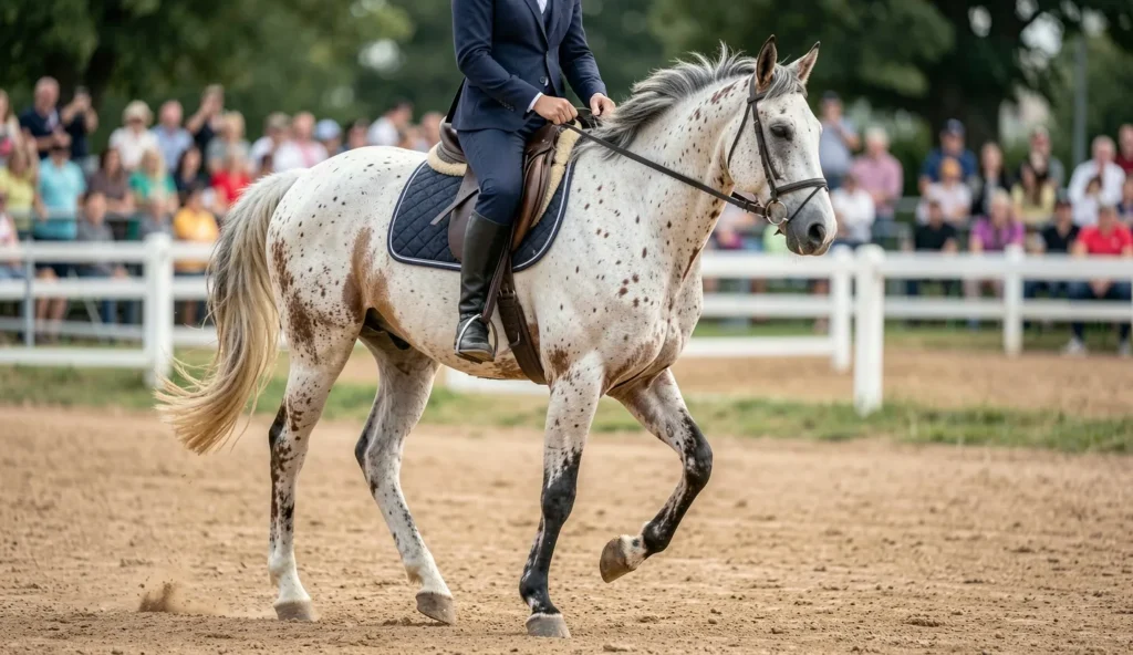 Spotted Saddle Horse with a spotted pinto coat moving smoothly at a show in a riding arena.