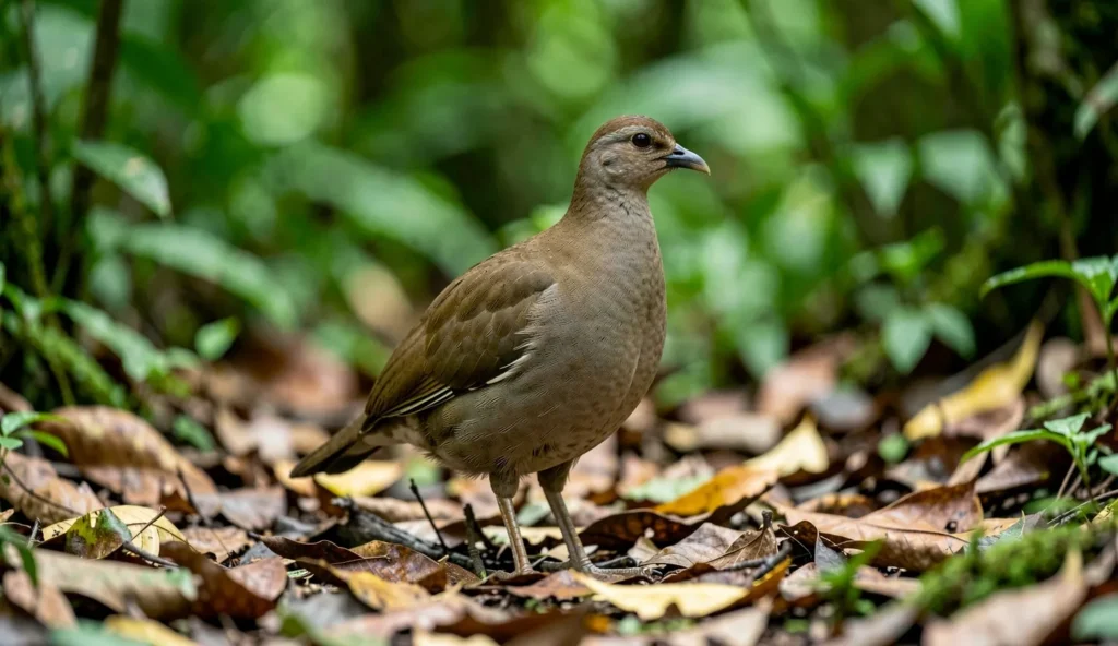 Sri Lanka Francolin perched on leaf litter in a tropical rainforest in Sri Lanka.