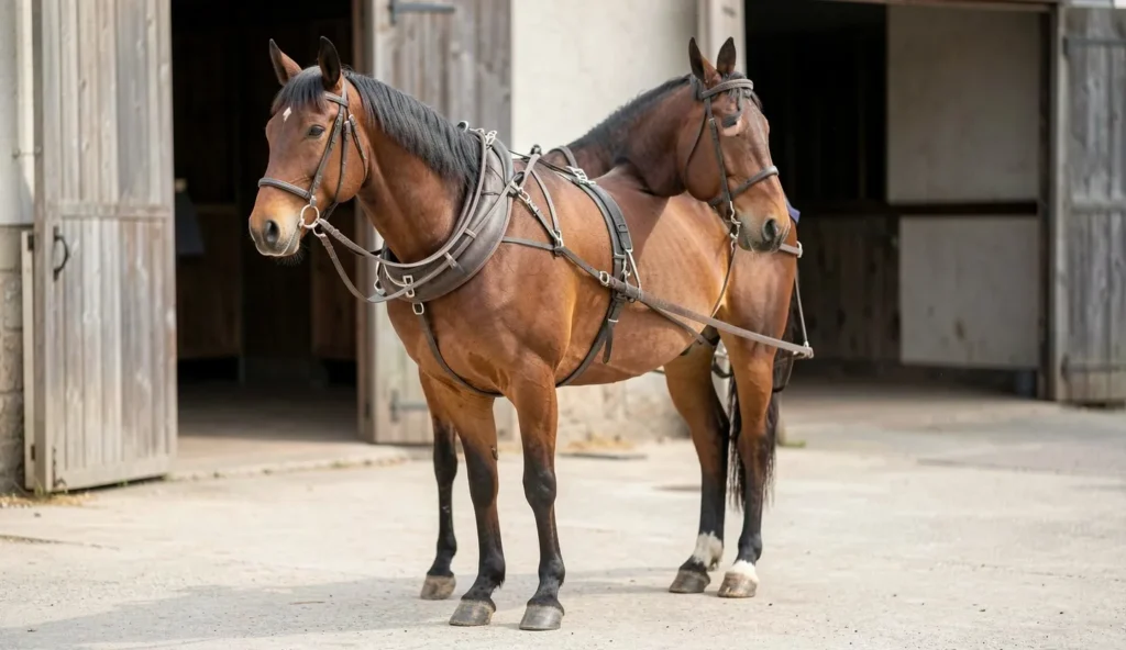 A Standardbred horse stands calmly in harness at a stable yard during training, with a handler holding the reins nearby.