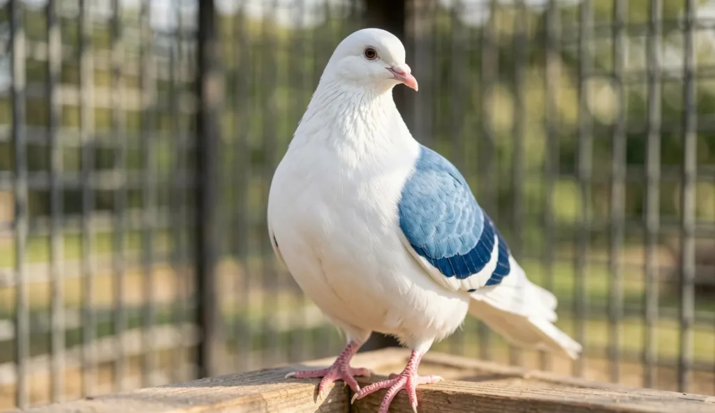 Steiger pigeon with white body and blue shield pattern on a wooden perch in an outdoor aviary.