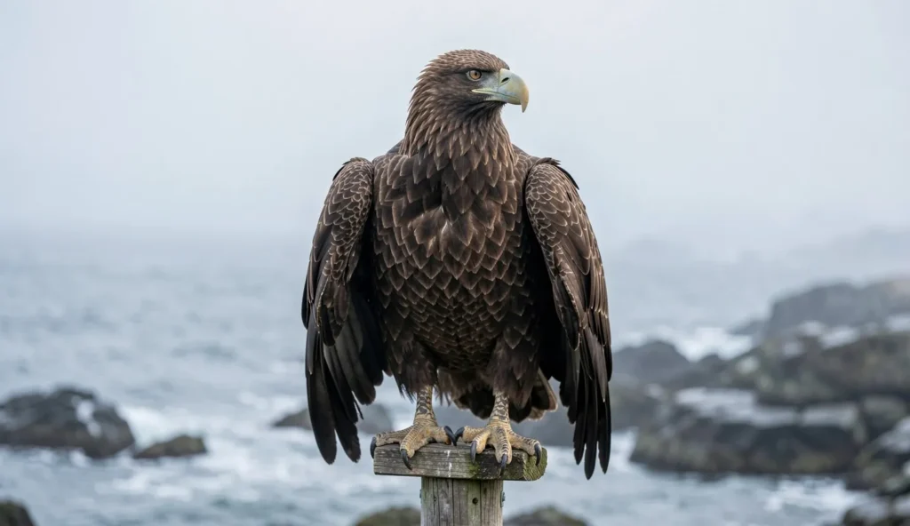 A Steller Sea Eagle perched on a sturdy outdoor perch in a cold coastal setting, scanning the area with wings partially relaxed.