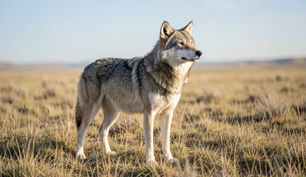 A gray wolf standing on an open grassland steppe with sparse vegetation and a wide horizon under natural light.