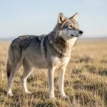 A gray wolf standing on an open grassland steppe with sparse vegetation and a wide horizon under natural light.