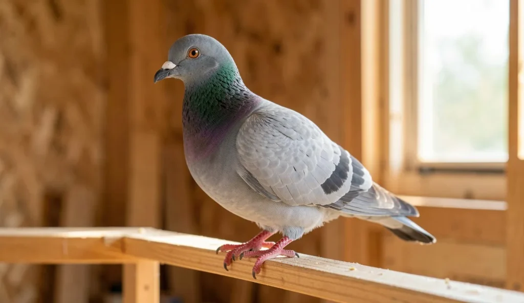 A Strasser pigeon perched calmly on a wooden training perch in a sunlit loft.