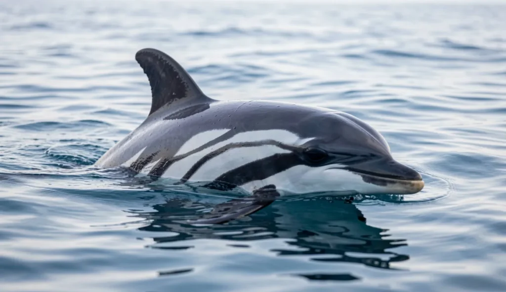 Striped dolphin swimming in open ocean with visible dark stripes along the body and dorsal fin above the surface.