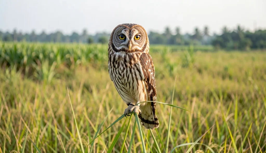 Striped Owl perched in a tropical grassland with sugarcane in the background