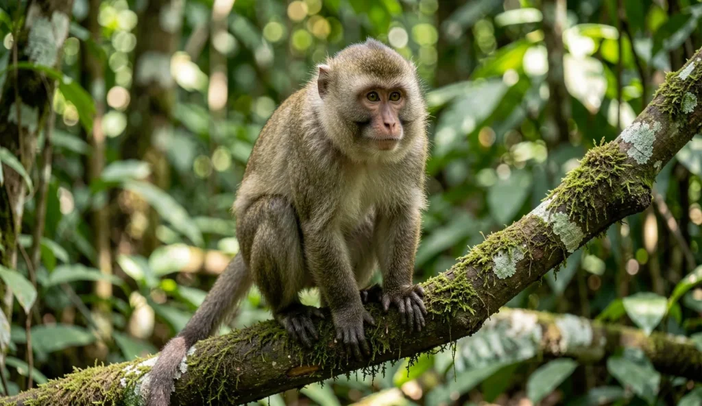 Adult stump tailed macaque on a branch in a tropical forest, thick fur and a short stump tail visible