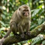 Stump-Tailed Macaque – Breed Facts, Care Tips & Complete Guide Adult stump tailed macaque on a branch in a tropical forest, thick fur and a short stump tail visible