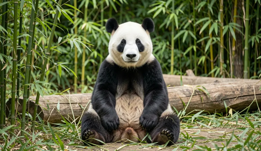 Portrait of a female giant panda in a bamboo-filled enclosure at a zoo