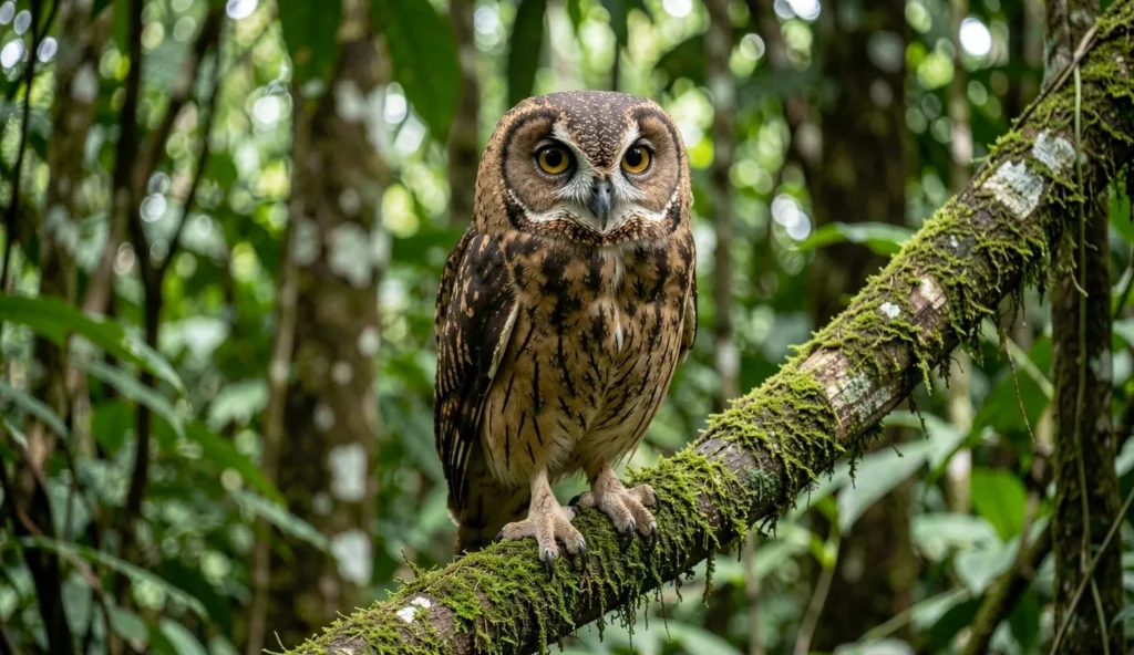 Sulawesi Masked Owl perched in a Sulawesi rainforest